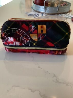 Estee Lauder Red Plaid Cosmetic Bag with Black and Yellow Accents